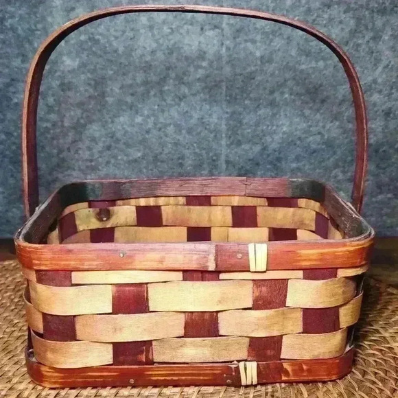 Charleston South Carolina basket Red Burgundy & Wood Tone Primitive 9 X 6.5 X 4 - Picture 1 of 8